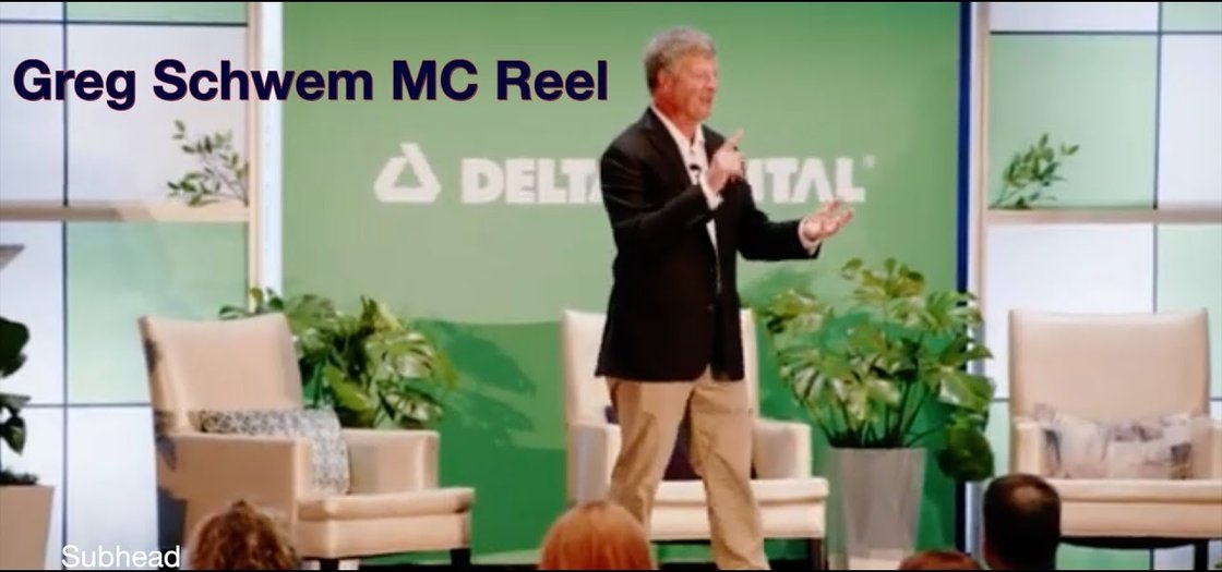 Greg Schwem emcee reel video thumbnail showing Greg hosting a Delta Dental corporate stage