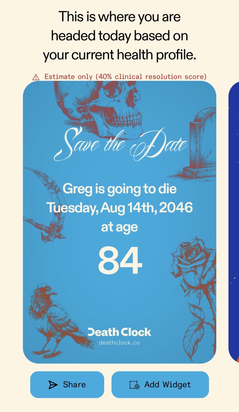 Death Clock app save-the-date message predicting Greg Schwem’s death on Aug. 14, 2046.