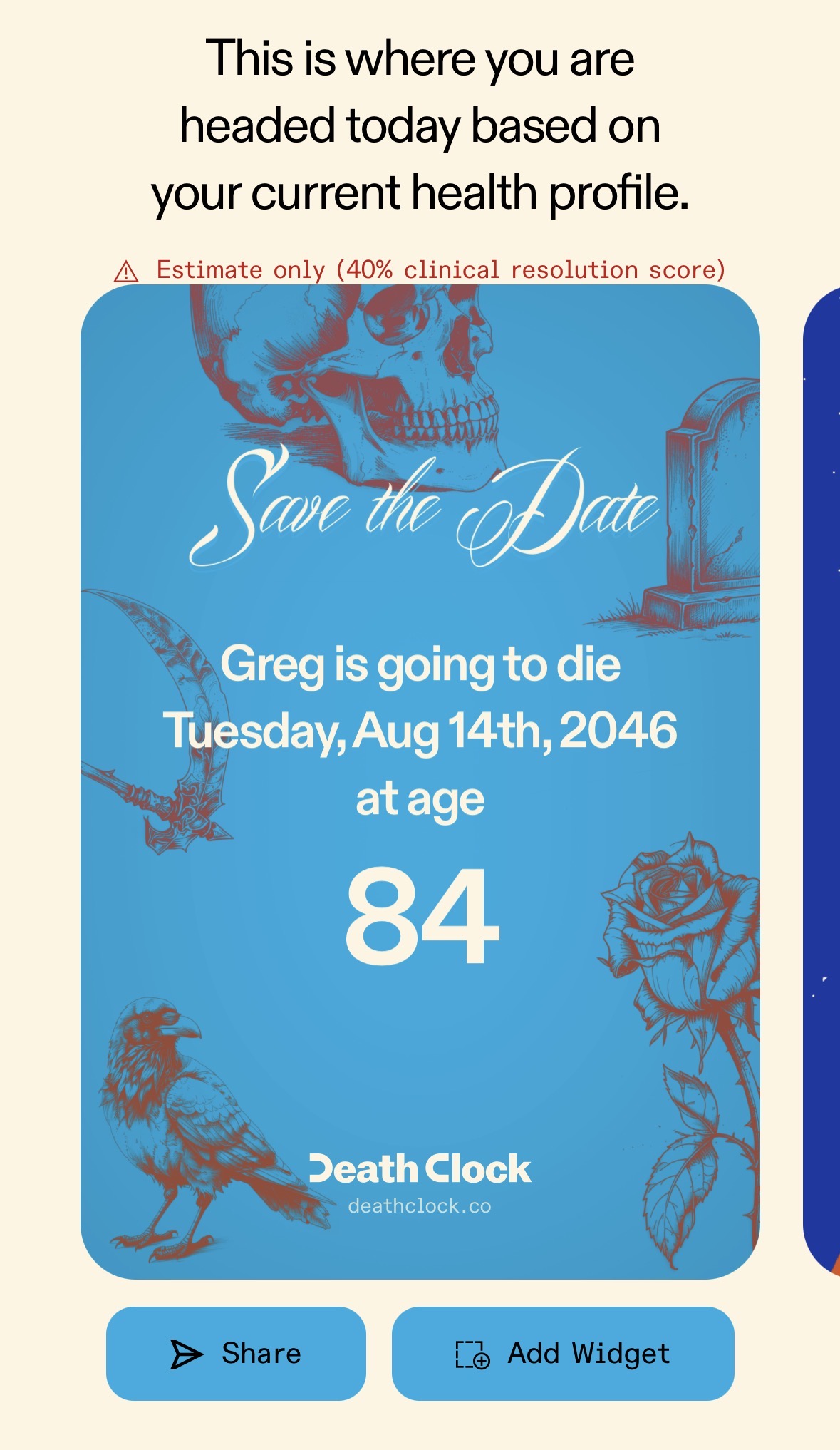 Death Clock app save-the-date message predicting Greg Schwem’s death on Aug. 14, 2046.